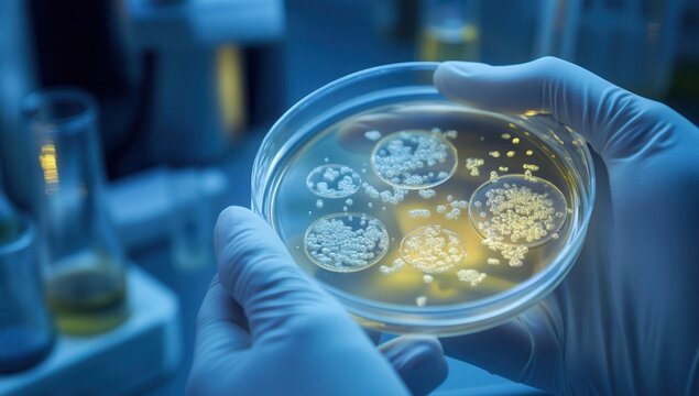 Gloved hands holding a petri dish with bacterial cultures in a laboratory setting.