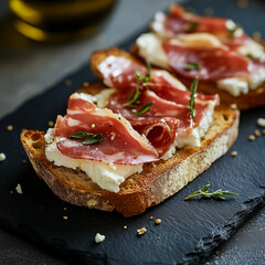 Tapas with jamon and goat cheese served on crusty bread