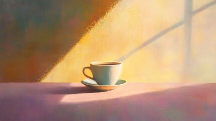 Obraz premium A ceramic coffee cup sits on a saucer in the sunlit room