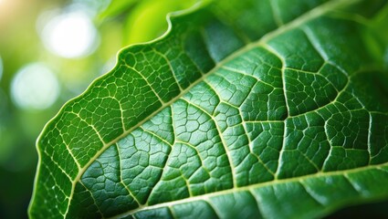 Fototapeta premium Close-up macro texture of a fresh green leaf, abstract nature backdrop, showcasing natural line patterns and highlighting the sustainability ecological concept.