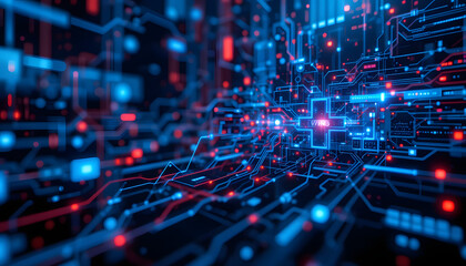 Obraz premium blue technology background. Abstract technology chip and core with fiber optic connected. Mind and science theme. Communication service