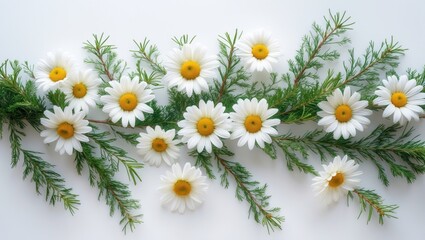 Fototapeta premium Pattern featuring chamomile flowers and fir tree against a white background. Flat lay, top view.