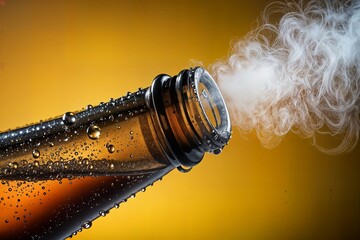 a close-up of the neck of a brown glass bottle likely a beer or soda bottle with condensation droplets on its surface un primer plano del cuello de una botella de vidrio marr&oacute;n