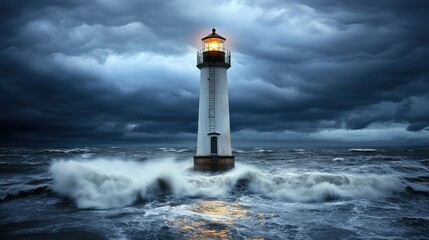 Majestic Lighthouse Standing Amidst Stormy Waves and Dark Cloudy Skies at Twilight
