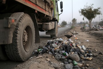Garbage truck unloading waste and polluting the environment