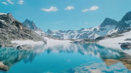 Snow capped mountain range reflects in a calm serene lake