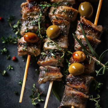 Anchovy and olive tapas on wooden skewers
