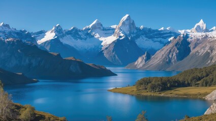 Fototapeta premium Patagonia skyline featuring snow-capped mountains. Chico Circuit. Winter tourism.