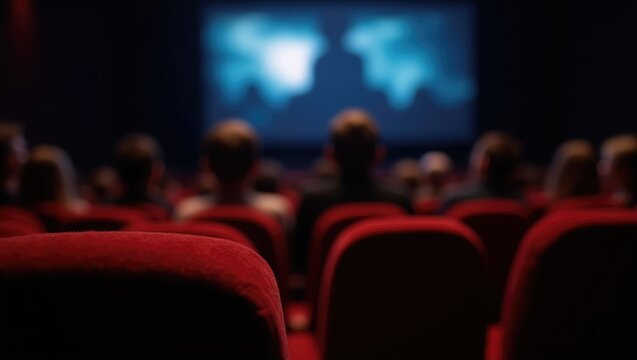 Background of a small movie theater. Audience seated in the dark.