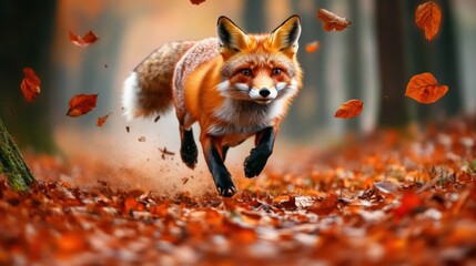 Autumn Fox Running Through Leaves