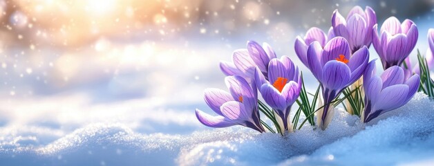 Beautiful Blooming Crocus Flowers Emerging from Snowy Ground in Early Spring with Soft Light Creating a Serene and Refreshing Atmosphere