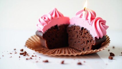 Smashed cupcake with candle flame on a white background