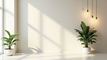 A room rendered professionally with a plant in front of a smooth, light cement finish wall. Architectural finishes comprise high-quality, realistic rendering with smooth solid paneling.