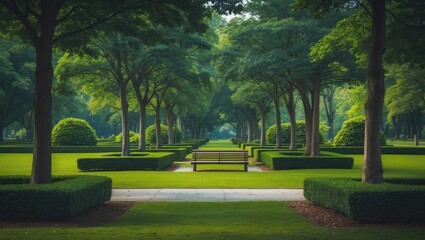 Fototapeta premium Park. Landscape architecture. Trees, pathways, seating, flora, grass.