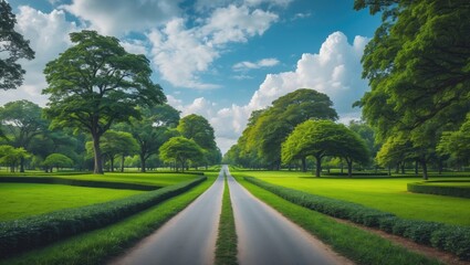 Fototapeta premium Path in a green park featuring trees and grassy fields.