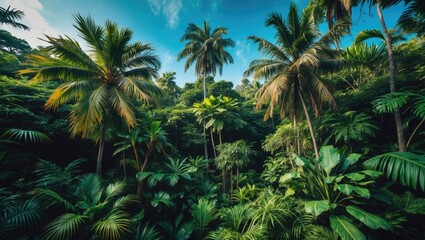 Panoramic stunning vista of a tropical rainforest featuring unique palm trees of various types.