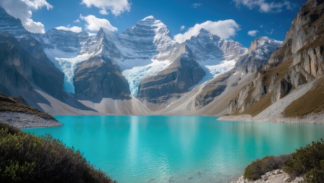 Laguna Paron surrounded by towering snow-capped peaks and rugged cliffs. The turquoise waters mirror the clear blue sky, creating a breathtaking and serene mountain scene.