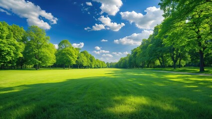 Scenic park landscape featuring grassland and lush green forest.