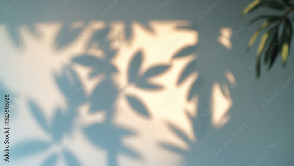 Aufkleber white wall featuring an overlay of leaf shadows. sunlight casts shadow effects on the wall. minimal 