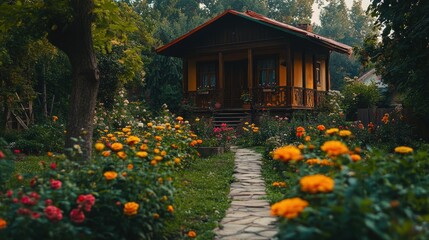 A quaint wooden house surrounded by lush colorful garden flowers