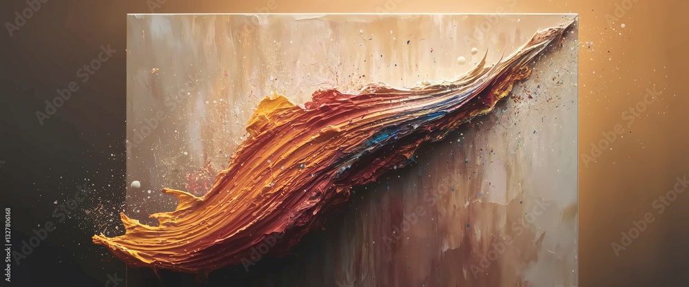 Poster orange and brown paint splash on beige canvas, dynamic texture, suggesting movement and energy, show