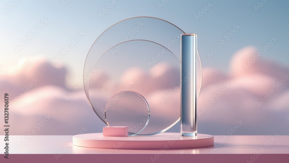 Poster Front view of a clear podium with an empty area in a cloudy sky backdrop, abstract content.