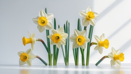 Spring floral border featuring beautiful fresh daffodil flowers, set against a white background. Selective focus.