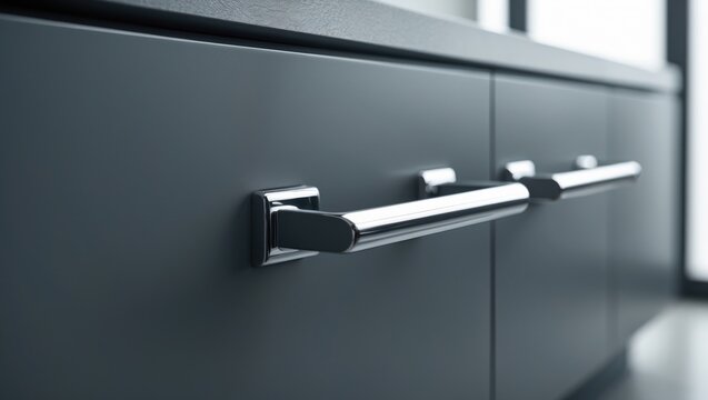 Gray lacquered kitchen cabinet with chrome stainless handle detail, luxury kitchen furnishings.