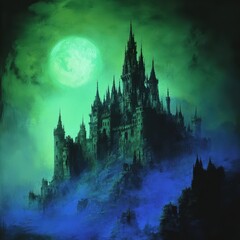 Fototapeta premium A Spooky Castle Illuminated by a Bright Green Glowing Moon