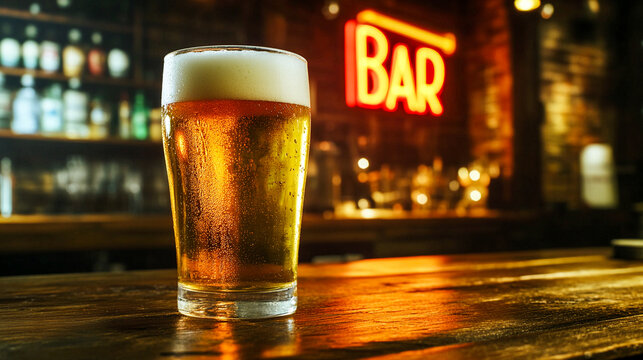 A glass of cold foamy beer stands on a wooden bar counter in a drinking establishment with a neon red sign with the text 'Bar' in the background.