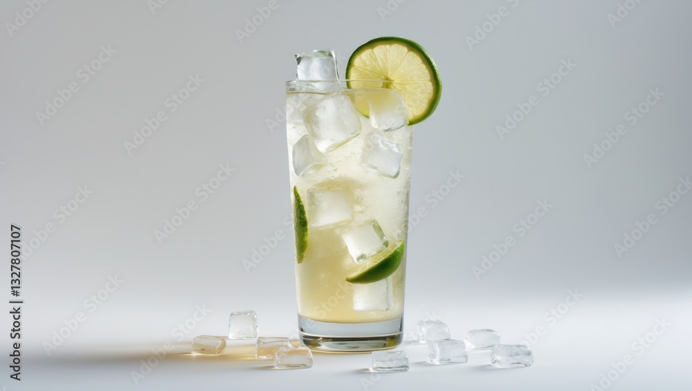 Aufkleber refreshing glass of ginger ale with ice cubes and lime slice separated on a white background.