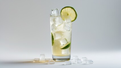 Refreshing glass of ginger ale with ice cubes and lime slice separated on a white background.