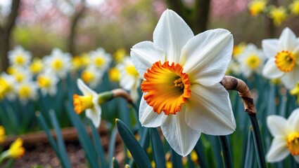Spring flowers. Close-up view of narcissus flowers blooming in a garden.