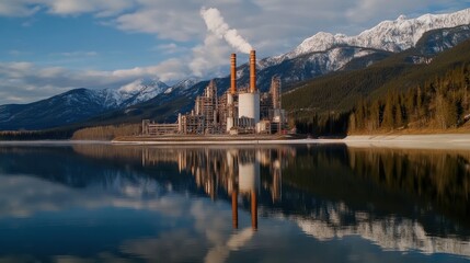 Scenic View of Industrial Power Plant with Mountains and Reflection in Calm Water