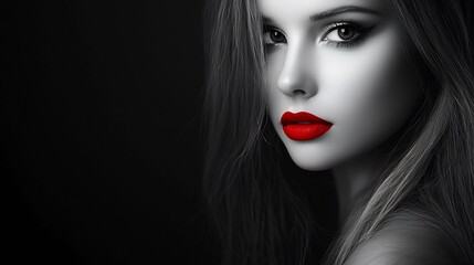 Fototapeta premium Black and white portrait of a woman with only her red lipstick in color highlighting elegance and beauty