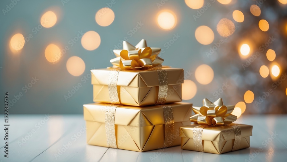 Poster golden gift boxes on a white table with blurred lights in the background, providing space for text.