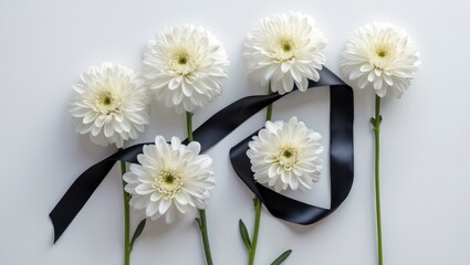 Obraz premium Funeral symbols. White flowers alongside a black ribbon on a background with top view and copy space.