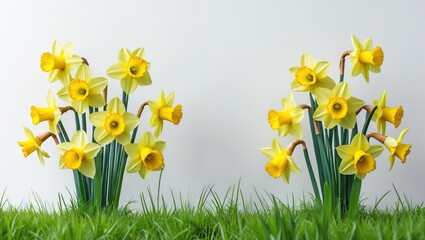 Spring narcissus flowers in lush green grass against a white background.