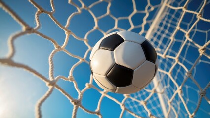 Fototapeta premium Soccer ball in a goal net at a large stadium against a clear blue sky.