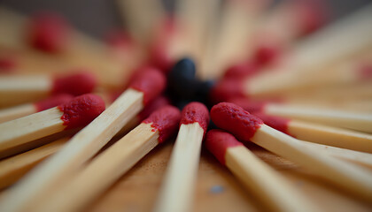Matches on red, black, and dark backgrounds with flames and close-up details