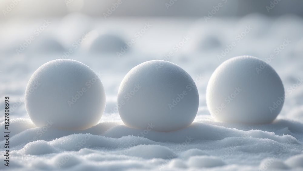 Poster Group of snowballs on a textured background of snow. Close-up image.
