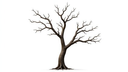 Dry branch of a large dead tree with cracked dark bark. An elegant old tree set against a white background. A solitary old and dead tree in nature. A lone wooden trunk in the forest during fall sea...