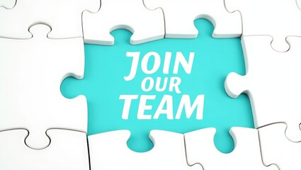 Fototapeta premium Job recruiting advertisement illustrated by 'JOIN OUR TEAM' wording on the jigsaw puzzle board. Rows of jigsaw pieces are missing in an attractive background - a metaphor to depict hiring opportuni...