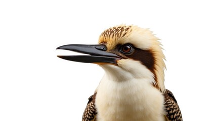 The laughing kookaburra is a bird belonging to the kingfisher subfamily. It is a large, sturdy kingfisher characterized by a whitish head and a brown eye-stripe.