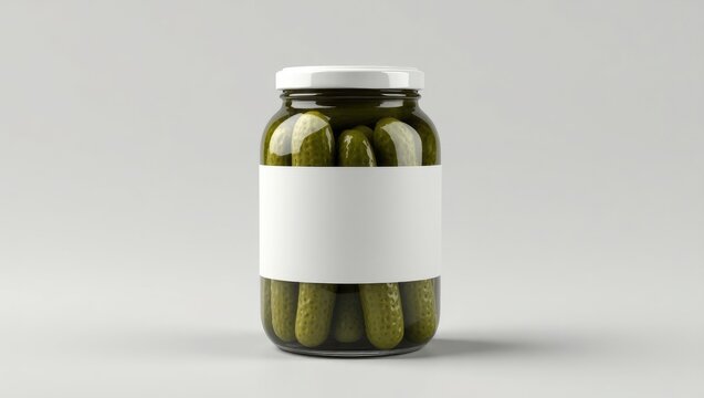 Blank Clear Glass Jar Containing Pickled Cucumbers For Branding And Mockup, isolated on a white background, cucumber, brand mockup for canned vegetables, white label mockup with metal lid.