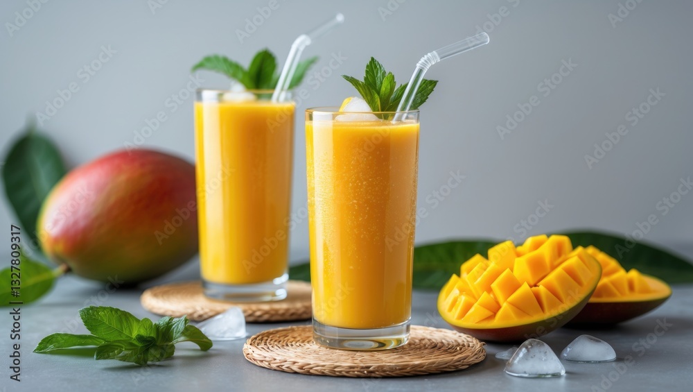 Poster fresh beautiful delicious mango juice. close-up design concept of cold smoothie drink in a glass cup