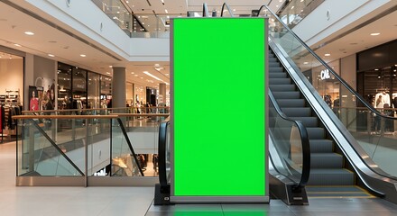 Green Screen Mockup in Shopping Mall Interior with Escalator Backdrop