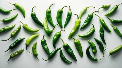 Green chilies arrangement. Close-up of green chili. Green chili on white surface. Spicy green peppers.