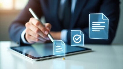 Businessman performs signature on a laptop for a transaction. Concept of electronic document, form agreement, and smart contract agreement through digital technology online.