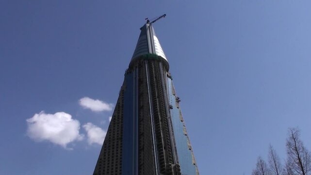 Construction of the pyramid-shaped Ryugyong hotel, Pyongyang, North Korea